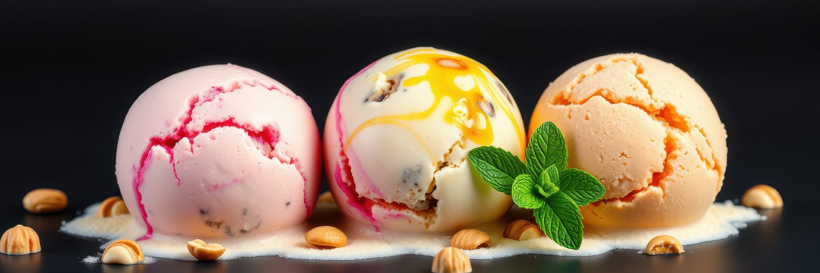 Three scoops of ice cream, a pink one, a white one with a yellow drizzle, and an orange one, are melting on a dark surface with some nuts